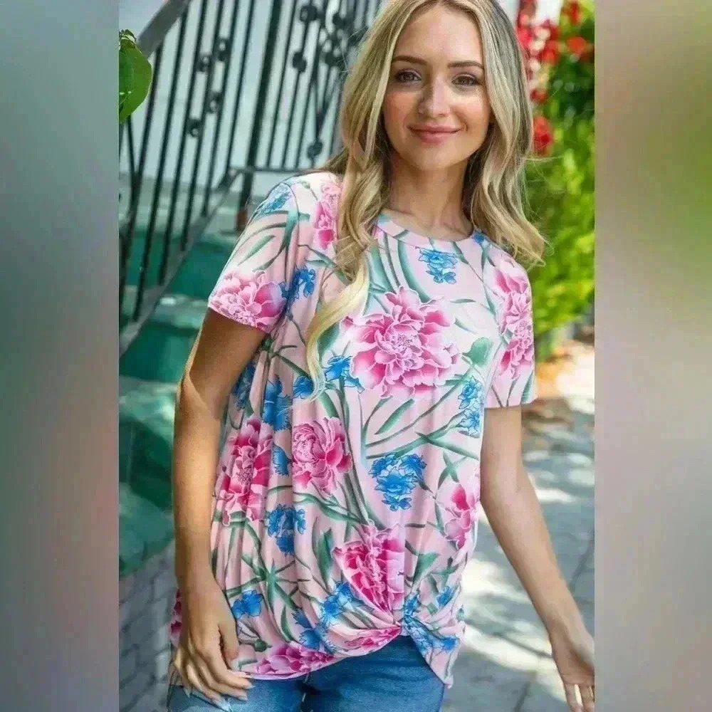 Coral Floral Print Front Knot Top